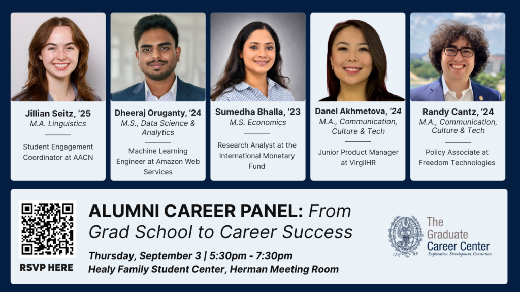 Alumni Panel flyer including panelist headshots and job information.