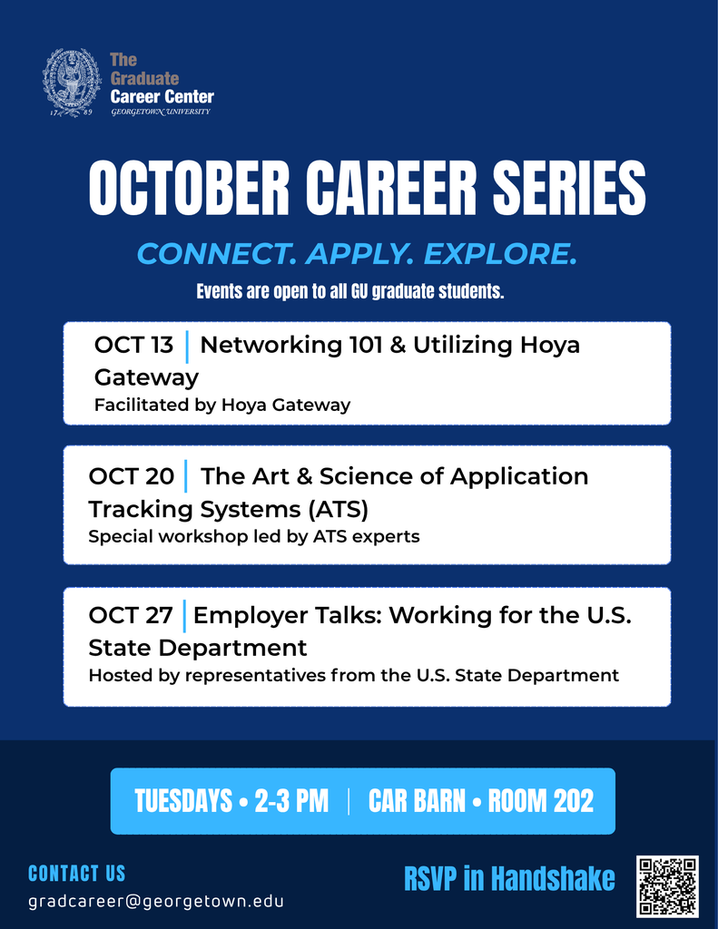 Flyer for October career series featuring three guest speakers, every Tuesday from 2-3pm.